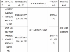 永安财险铜川中心支公司因部分保险赔付不及时被罚8万元