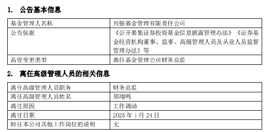 任期3年7月 兴银基金财务总监郑翊鸣离任